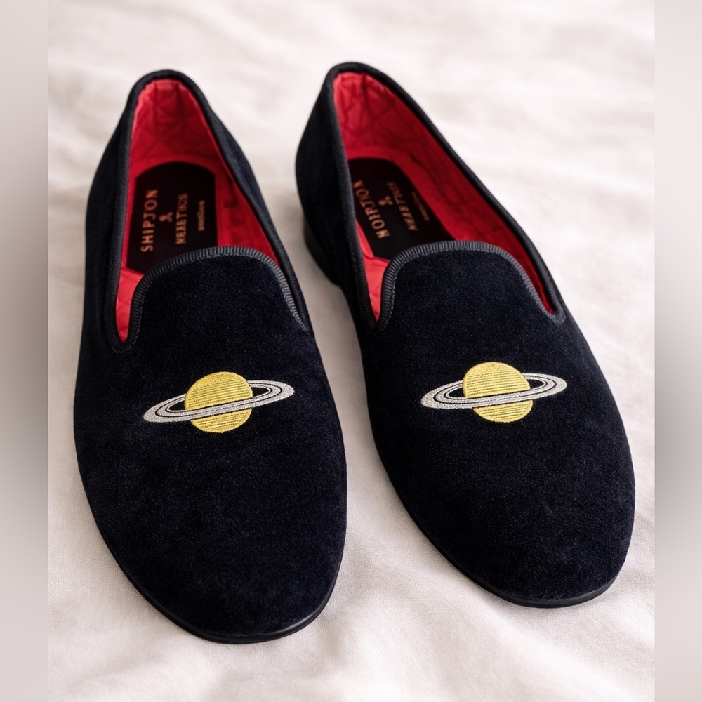 Shipton & Heneage Velvet Smoking Slippers Saturn Embroidered UK 6